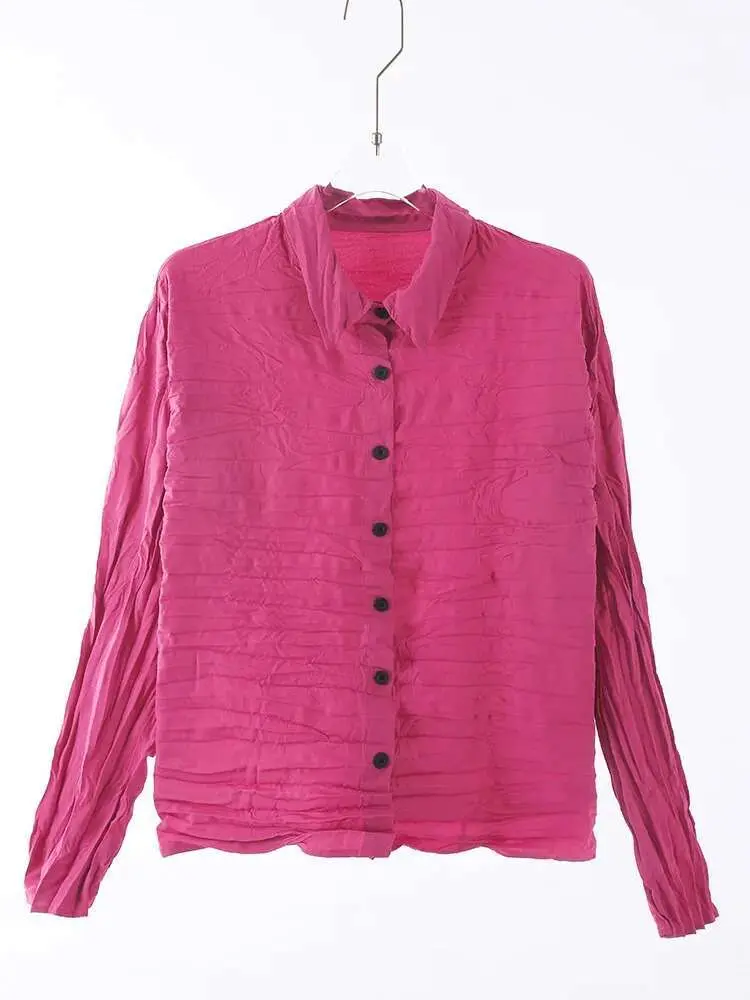 LANMREM Women's Fold Shirts 2025 Spring New Fashion Handmade Single Breasted Long Sleeved Pleated Top Clothing New 2DA9023