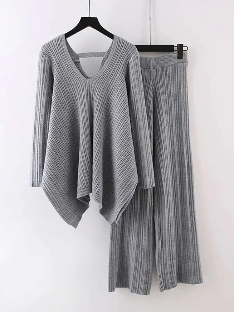 LANMREM Irregular Knitted 2pieces Set Women's V-neck Backless Long Sleeves Solid Sweater High Waist Wide Leg Trousers New 32D602