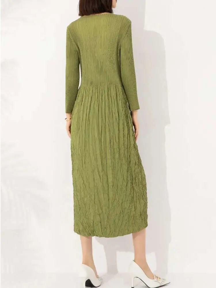 LANMREM Women's High End Pleated Dress Round Neck Long Sleeves Stitching Pockets Handmade Solid Color Long Dresses 2DA2226