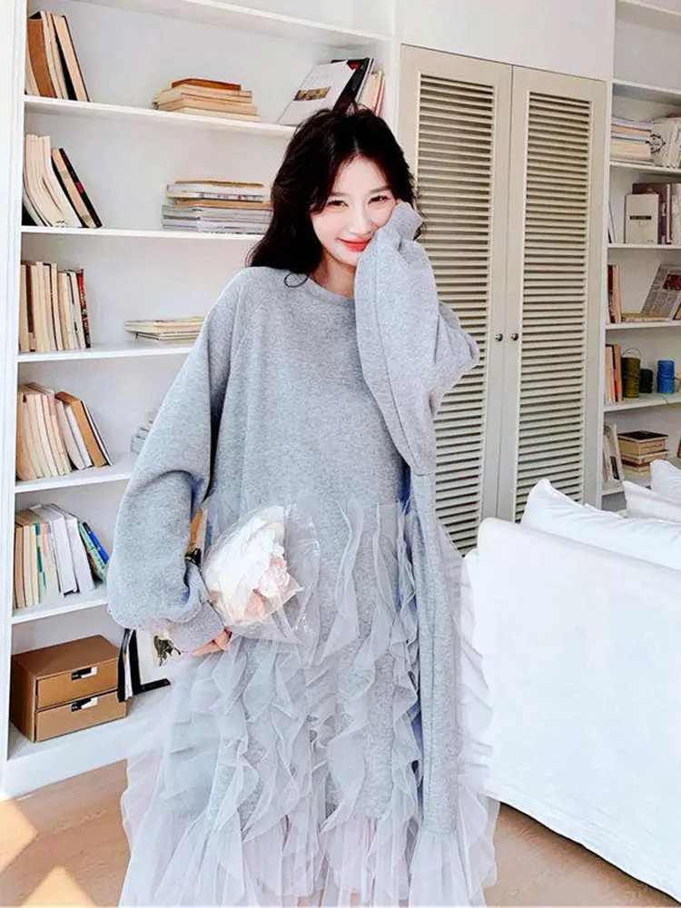 LANMREM Light Gray Long Sleeve Sweatshirts Style Dress Women's 2025 Autumn New Design Patchwork Mesh Princess Dresses 2DB2748