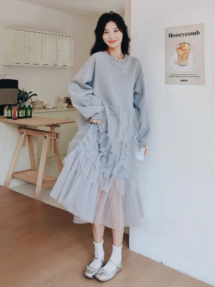 LANMREM Light Gray Long Sleeve Sweatshirts Style Dress Women's 2025 Autumn New Design Patchwork Mesh Princess Dresses 2DB2748