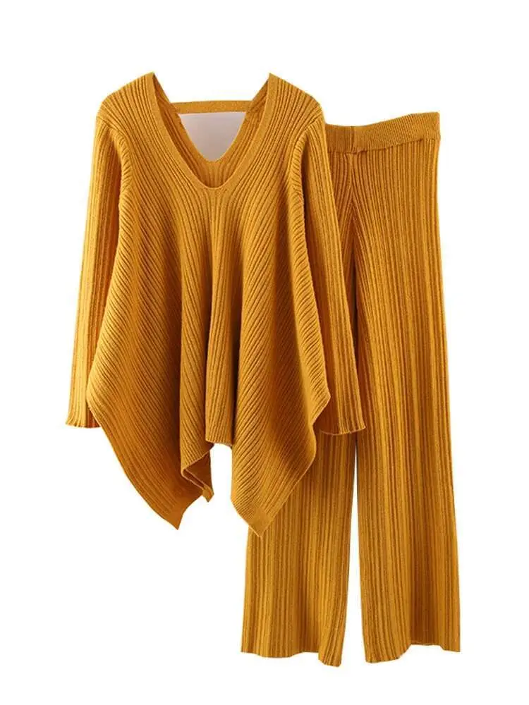 LANMREM Irregular Knitted 2pieces Set Women's V-neck Backless Long Sleeves Solid Sweater High Waist Wide Leg Trousers New 32D602