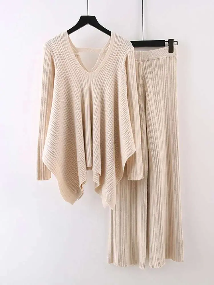 LANMREM Irregular Knitted 2pieces Set Women's V-neck Backless Long Sleeves Solid Sweater High Waist Wide Leg Trousers New 32D602