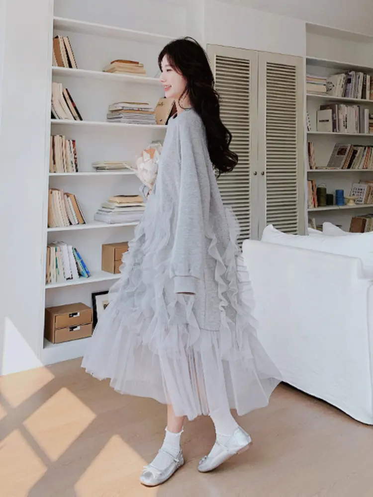 LANMREM Light Gray Long Sleeve Sweatshirts Style Dress Women's 2025 Autumn New Design Patchwork Mesh Princess Dresses 2DB2748