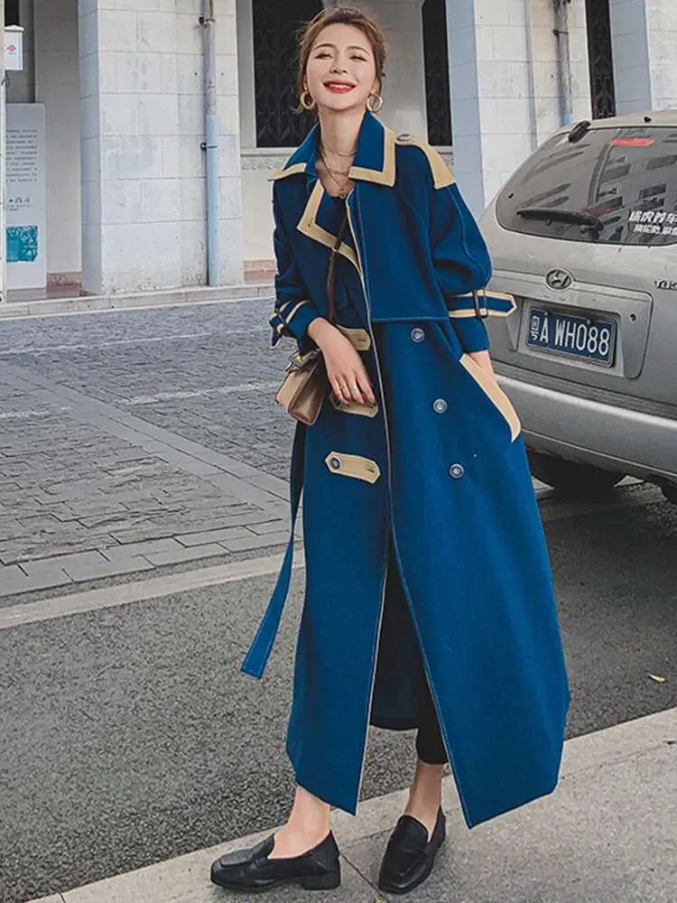 LANMREM Korean Style Long Trench Coat Women Contrast Color Patchwork Lapel Button Design Windbreaker 2025 Spring New 2AA1619