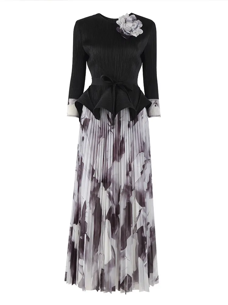 LANMREM Fashion Printed Skirt Pleated Two Piece Set 2025 Summer New Flower Bud Waist Strap Shirt Top With Long Skirts 2DM1059