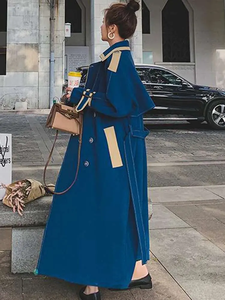 LANMREM Korean Style Long Trench Coat Women Contrast Color Patchwork Lapel Button Design Windbreaker 2025 Spring New 2AA1619