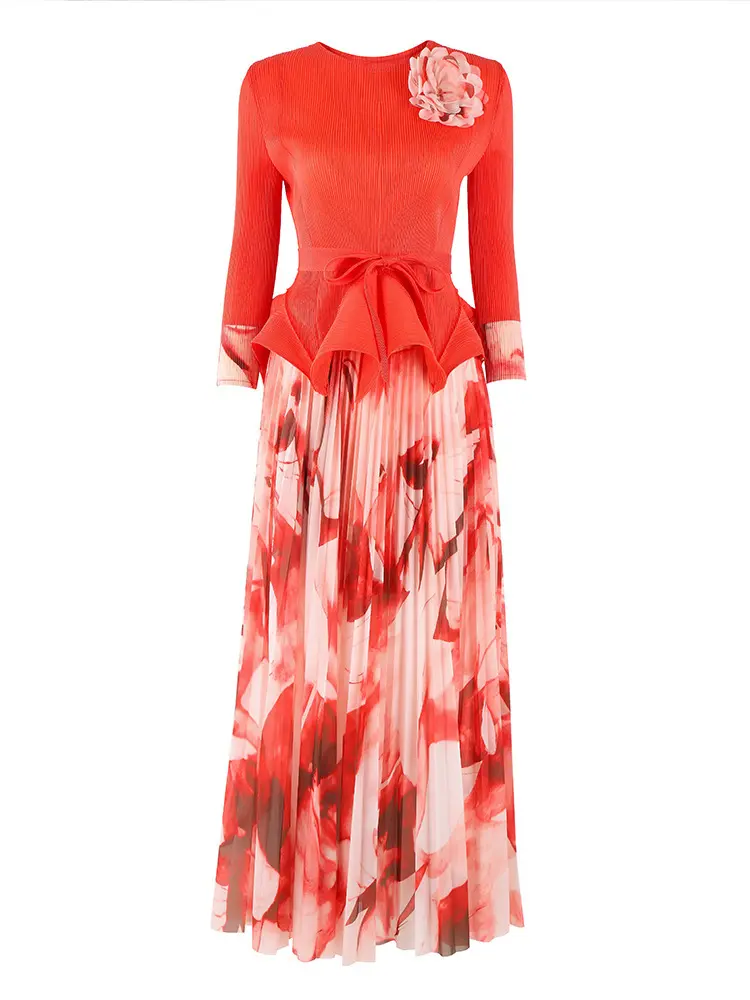 LANMREM Fashion Printed Skirt Pleated Two Piece Set 2025 Summer New Flower Bud Waist Strap Shirt Top With Long Skirts 2DM1059