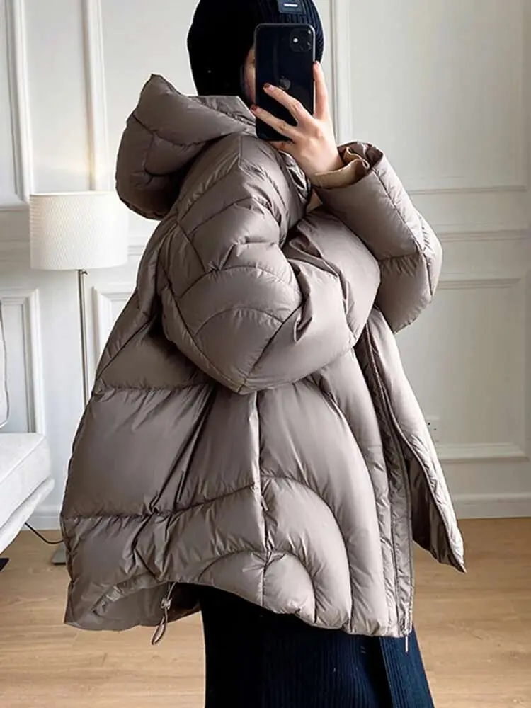 LANMREM Fashion White Duck Down Jackets Women's Hooded Solid Color Warm Thick Coat Versatile Winter New Clothing 2VV1913