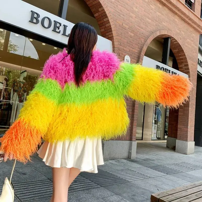 LANMREM Street Fashion Pink Green Yellow Color Block Patchwork Short Faux Fur Coat Winter Whick Warm Lamb Wool Jacket 2DB4020