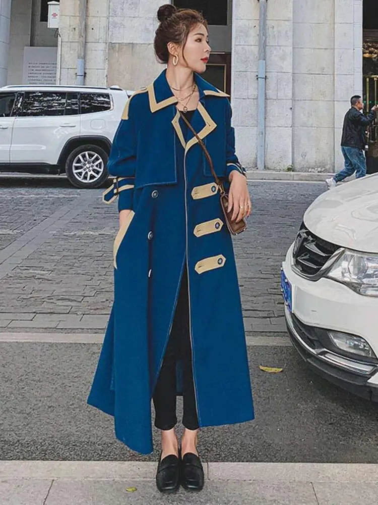LANMREM Korean Style Long Trench Coat Women Contrast Color Patchwork Lapel Button Design Windbreaker 2025 Spring New 2AA1619