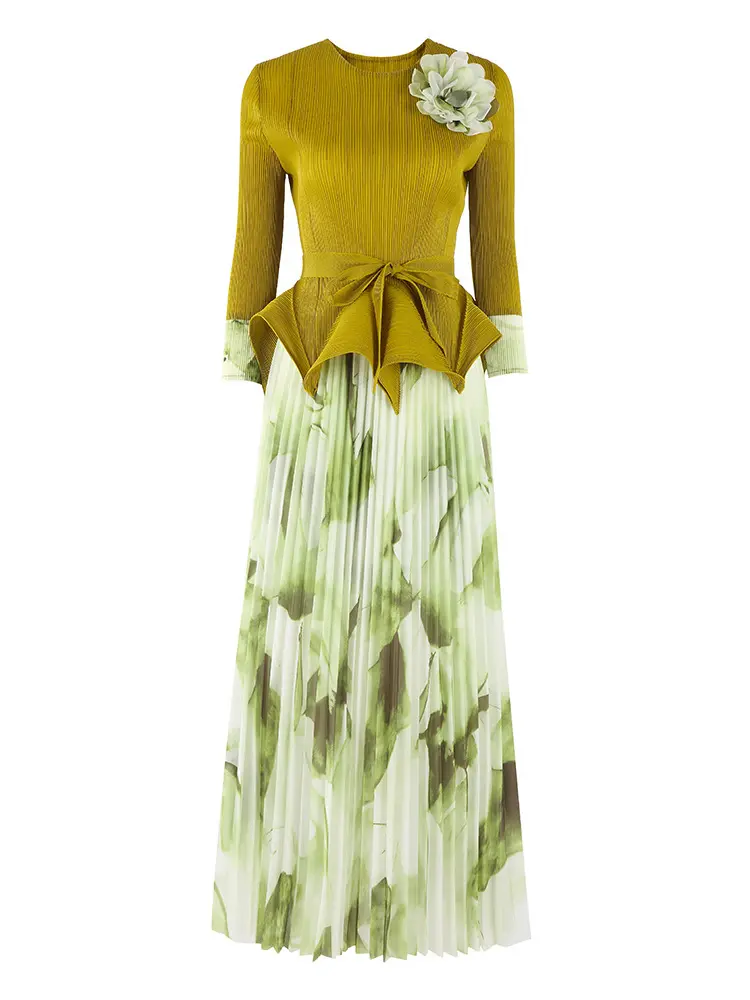 LANMREM Fashion Printed Skirt Pleated Two Piece Set 2025 Summer New Flower Bud Waist Strap Shirt Top With Long Skirts 2DM1059