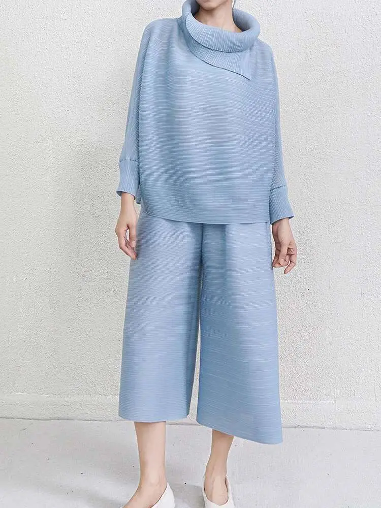 LANMREM 2 Pieces Pleated Sets For Women Lapel Batwing Shirt With Wide Leg Trousers Female Chic Clothing 2025 Spring New 2DB2203