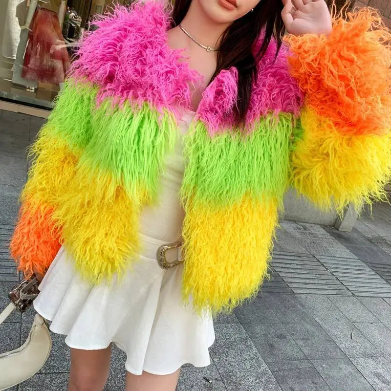 LANMREM Street Fashion Pink Green Yellow Color Block Patchwork Short Faux Fur Coat Winter Whick Warm Lamb Wool Jacket 2DB4020