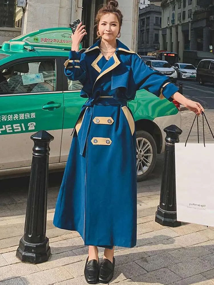 LANMREM Korean Style Long Trench Coat Women Contrast Color Patchwork Lapel Button Design Windbreaker 2025 Spring New 2AA1619