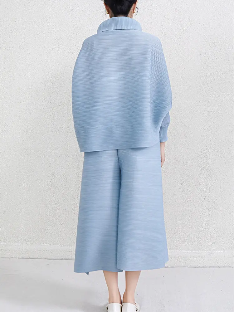 LANMREM 2 Pieces Pleated Sets For Women Lapel Batwing Shirt With Wide Leg Trousers Female Chic Clothing 2025 Spring New 2DB2203