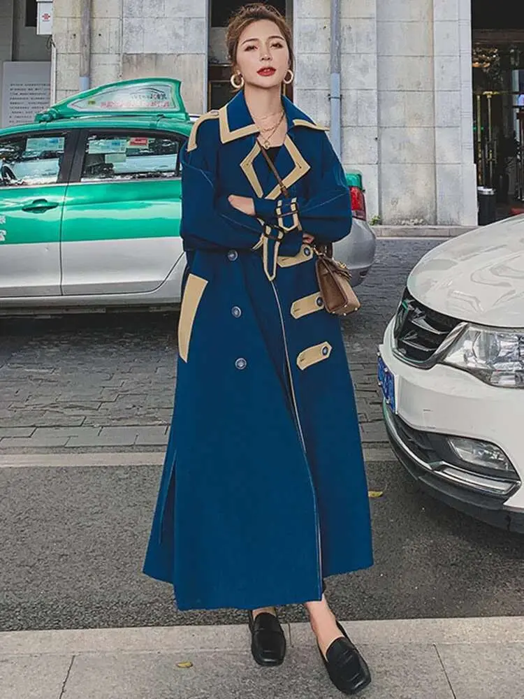 LANMREM Korean Style Long Trench Coat Women Contrast Color Patchwork Lapel Button Design Windbreaker 2025 Spring New 2AA1619