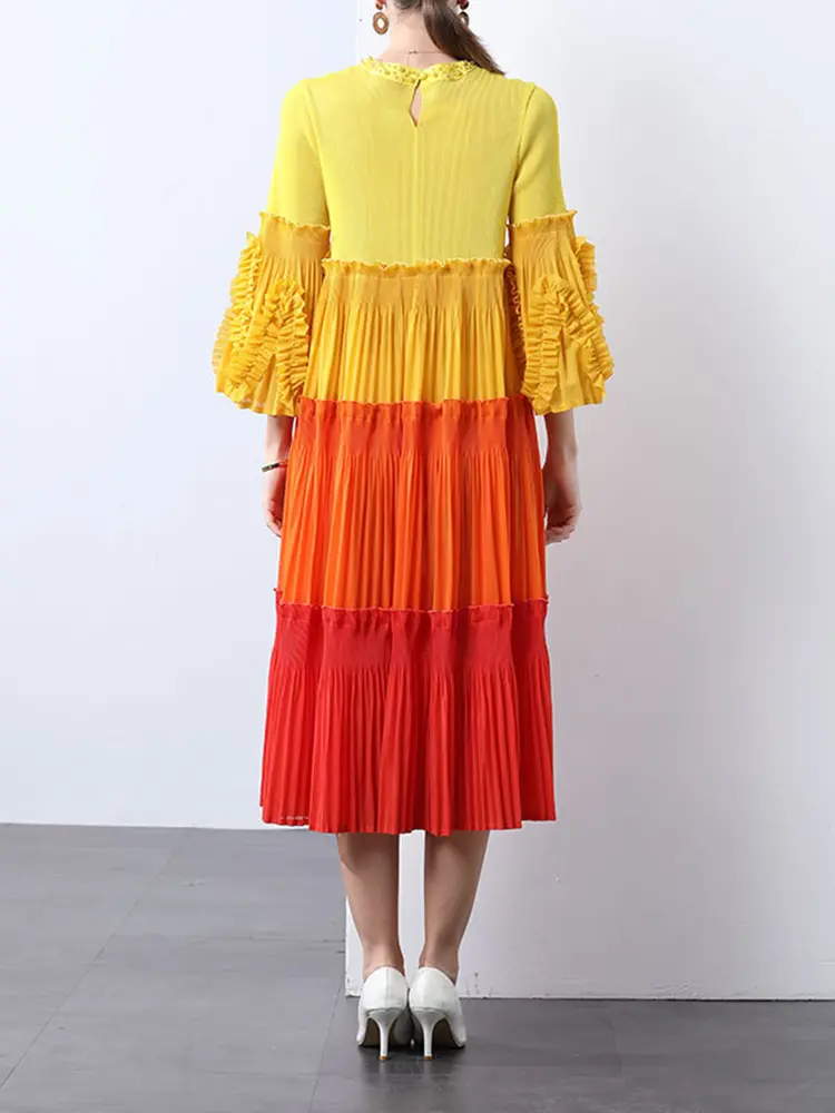 LANMREM 2025 New Trhee Quarter Sleeve Colorblock Patchwork Design Pleated Women's Dress Summer O-neck Loose Dresses Chic 2DB3119