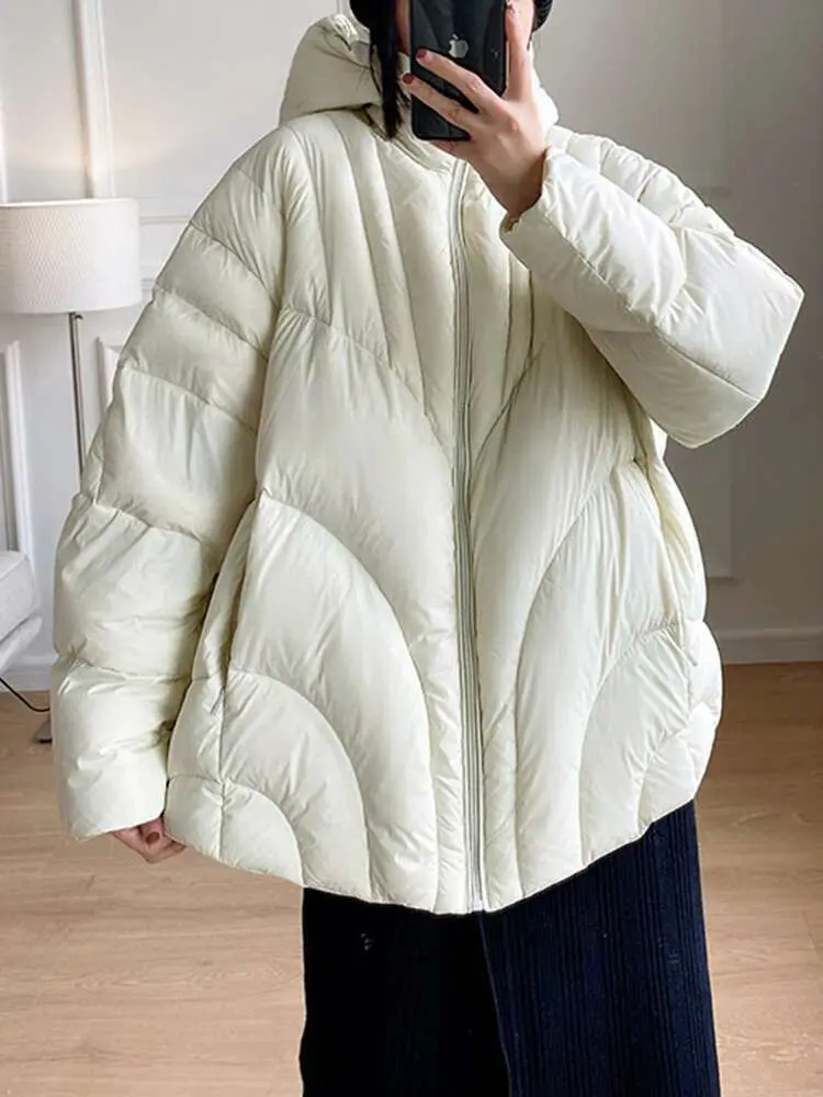 LANMREM Fashion White Duck Down Jackets Women's Hooded Solid Color Warm Thick Coat Versatile Winter New Clothing 2VV1913
