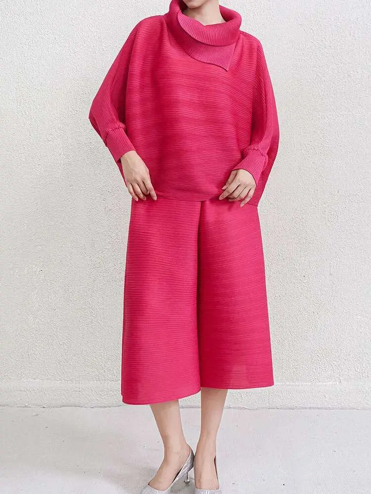 LANMREM 2 Pieces Pleated Sets For Women Lapel Batwing Shirt With Wide Leg Trousers Female Chic Clothing 2025 Spring New 2DB2203