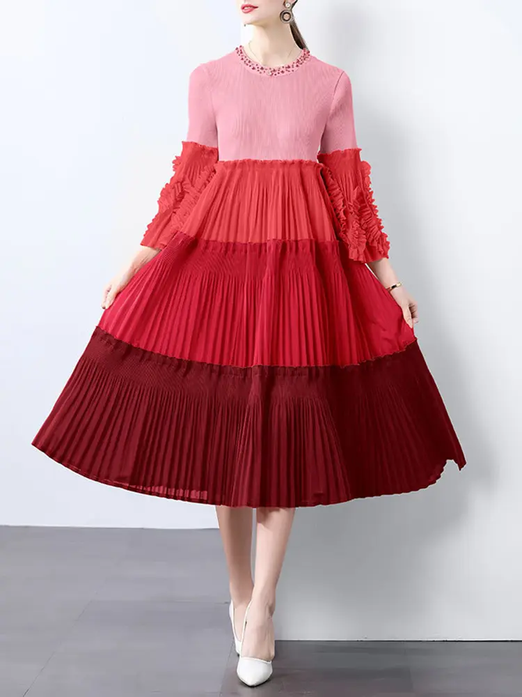 LANMREM 2025 New Trhee Quarter Sleeve Colorblock Patchwork Design Pleated Women's Dress Summer O-neck Loose Dresses Chic 2DB3119