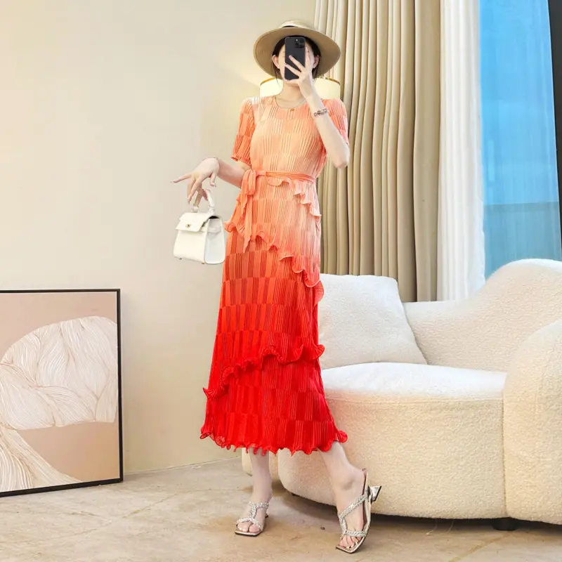 LANMREM Grey Gradient Printting Pleated Women's Dress Summer Chic New O-neck Bandage Waist Design Short Sleeve Clothing 2DB4073