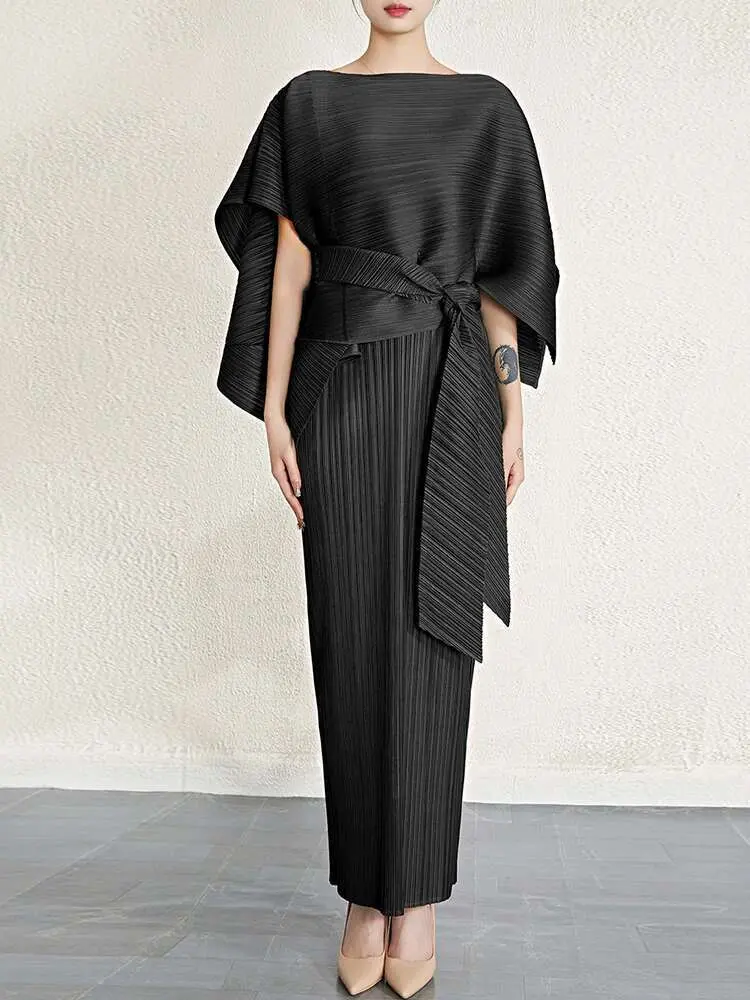 LANMREM 2025 Spring 2 Pieces Set O-neck Short Sleeves Tops High Waist Split Belt Dresses Solid Color Female Clothes 2YA891