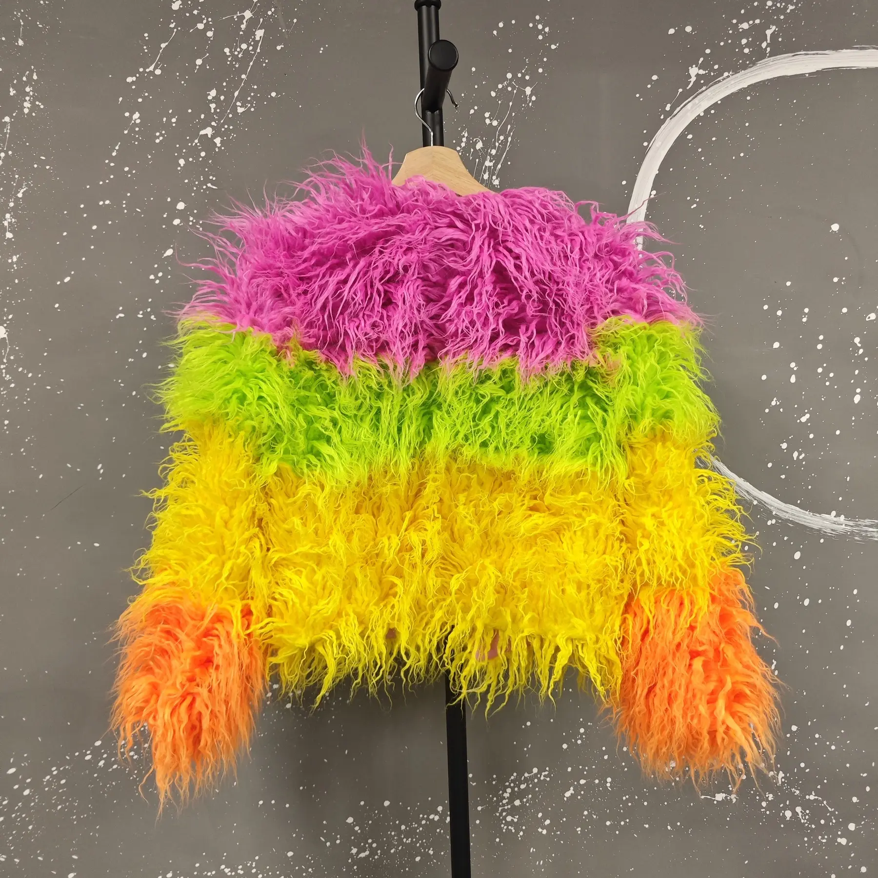 LANMREM Street Fashion Pink Green Yellow Color Block Patchwork Short Faux Fur Coat Winter Whick Warm Lamb Wool Jacket 2DB4020