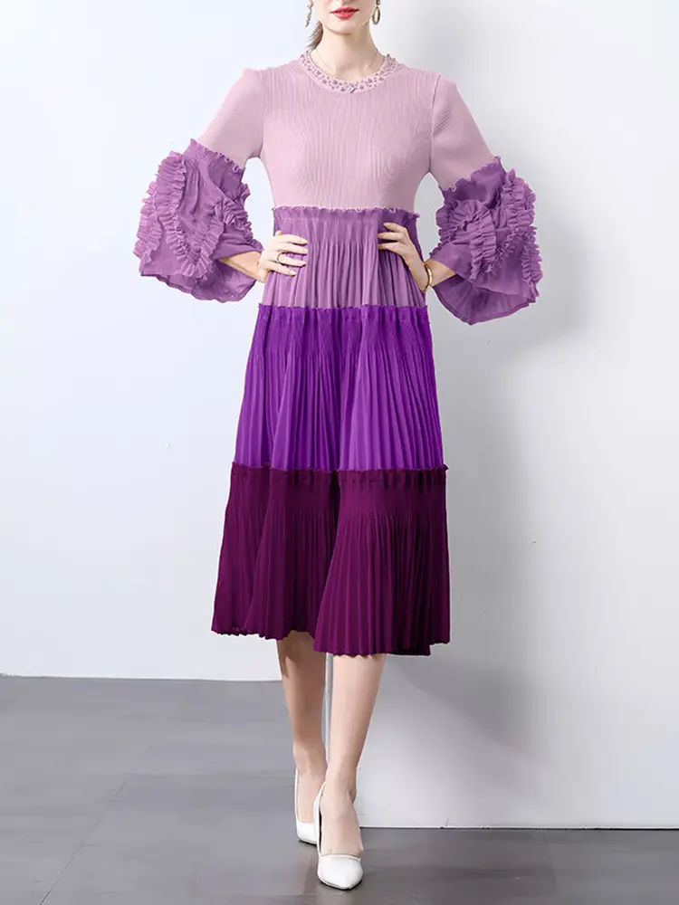 LANMREM 2025 New Trhee Quarter Sleeve Colorblock Patchwork Design Pleated Women's Dress Summer O-neck Loose Dresses Chic 2DB3119