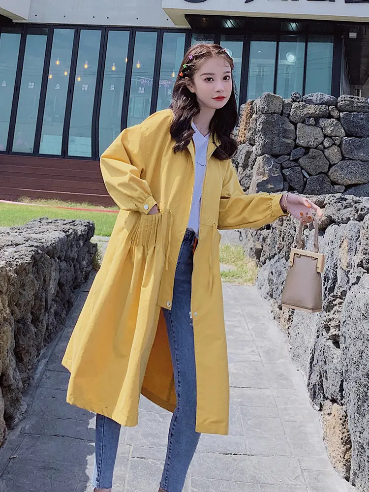 LANMREM Yellow Trench Coat Women's 2025 New Loose Casual Temperament British Style Long Coat Chic Drawstring Windbreaker 2DB2764