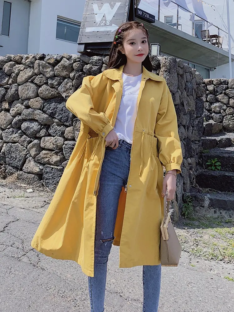 LANMREM Yellow Trench Coat Women's 2025 New Loose Casual Temperament British Style Long Coat Chic Drawstring Windbreaker 2DB2764