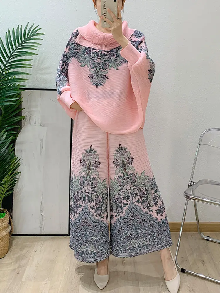LANMREM Irregular Lapel Pleated Pants Sets For Women Loose Casual Bawting Tops And Wide Leg Trousers Chic Two Pieces Set 2DB2620