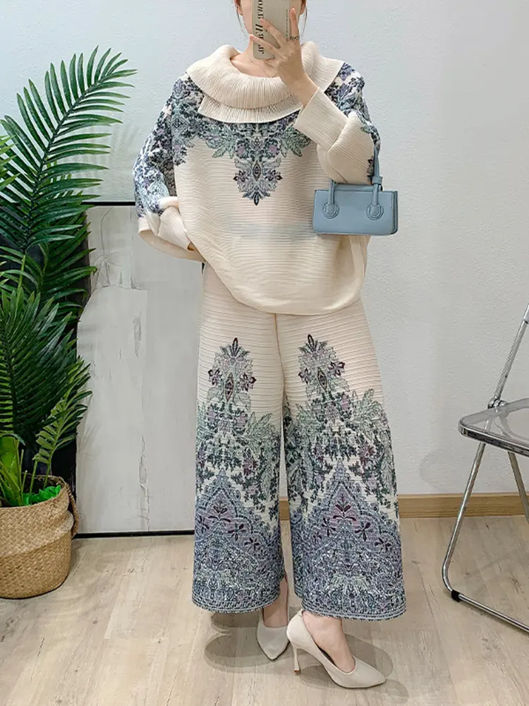 LANMREM Irregular Lapel Pleated Pants Sets For Women Loose Casual Bawting Tops And Wide Leg Trousers Chic Two Pieces Set 2DB2620