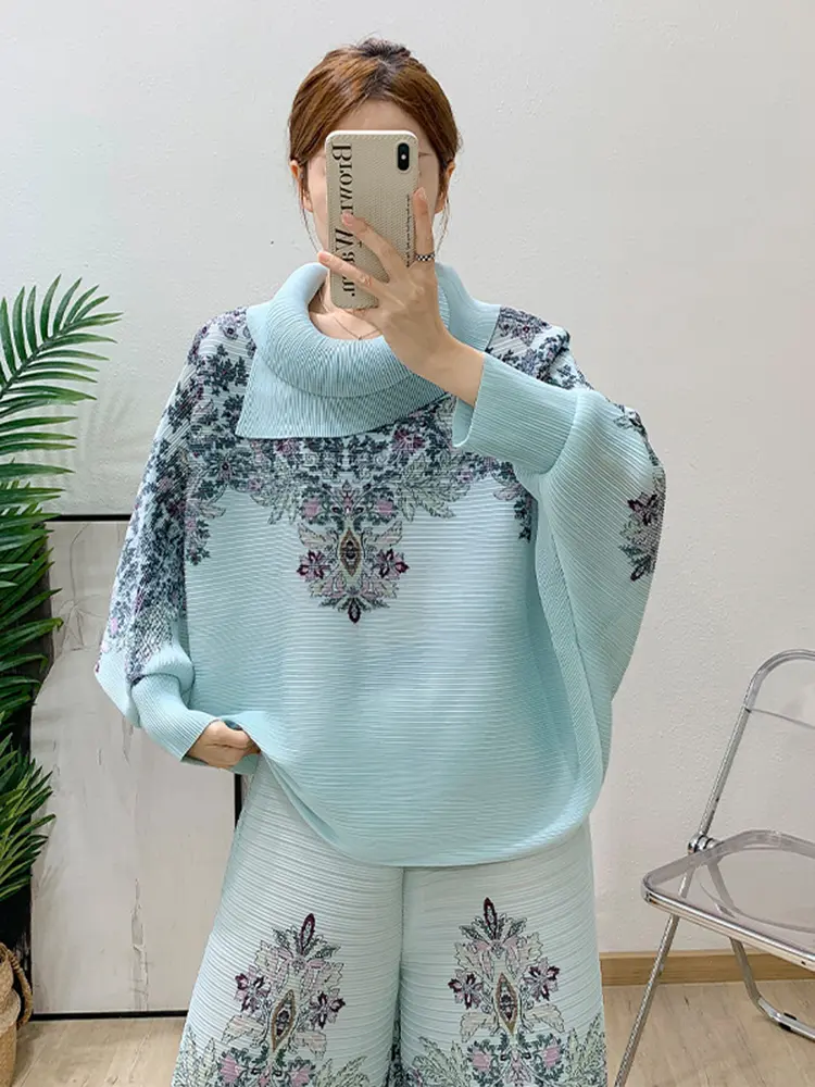 LANMREM Irregular Lapel Pleated Pants Sets For Women Loose Casual Bawting Tops And Wide Leg Trousers Chic Two Pieces Set 2DB2620