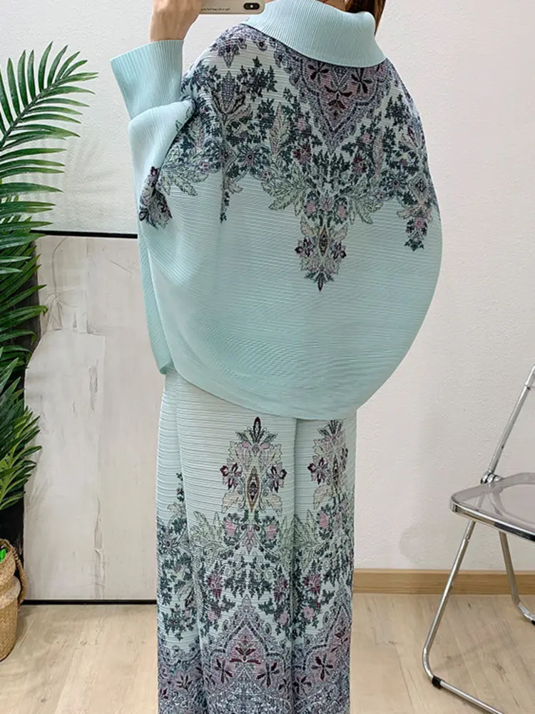 LANMREM Irregular Lapel Pleated Pants Sets For Women Loose Casual Bawting Tops And Wide Leg Trousers Chic Two Pieces Set 2DB2620