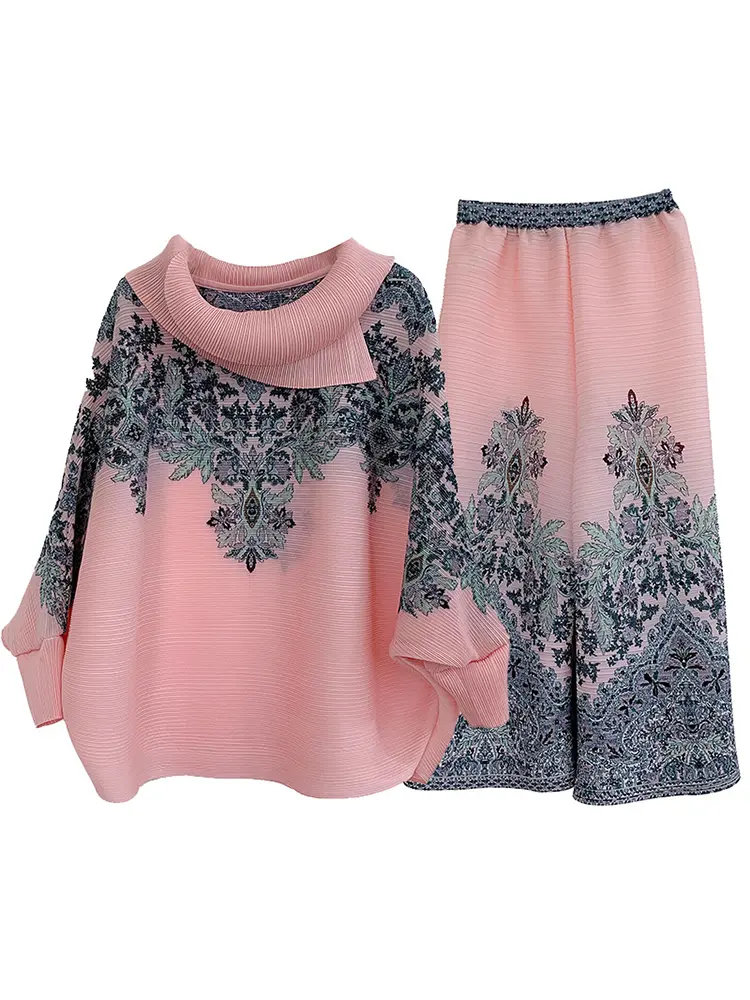 LANMREM Irregular Lapel Pleated Pants Sets For Women Loose Casual Bawting Tops And Wide Leg Trousers Chic Two Pieces Set 2DB2620