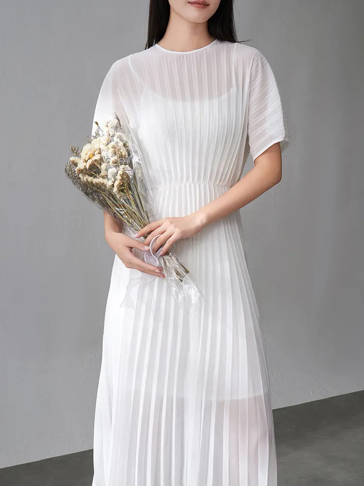 LANMREM French Style Pleated Dress For Women 2025 Summer New High-End Solid Color Short Sleeve Elegant  Belt Dresses 2DM1009