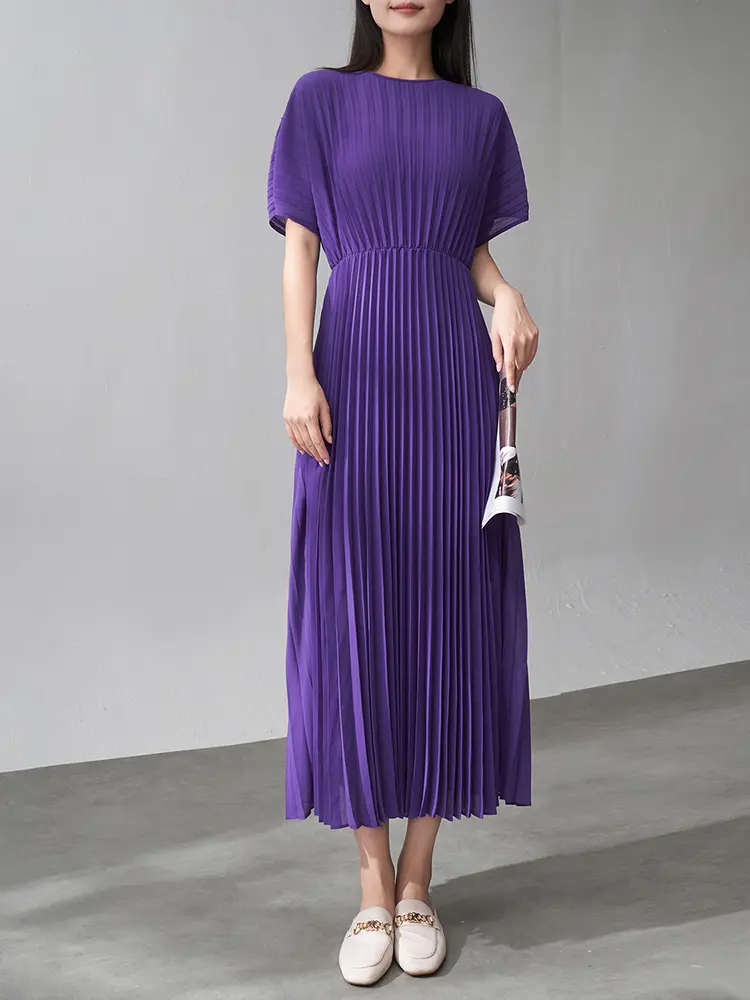 LANMREM French Style Pleated Dress For Women 2025 Summer New High-End Solid Color Short Sleeve Elegant  Belt Dresses 2DM1009