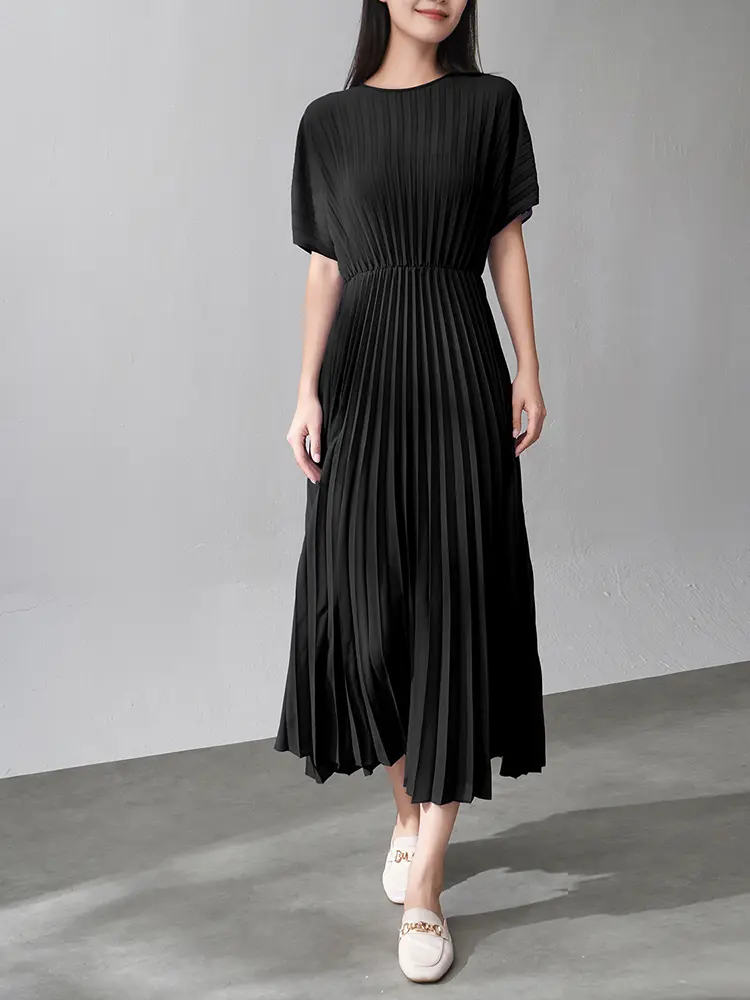 LANMREM French Style Pleated Dress For Women 2025 Summer New High-End Solid Color Short Sleeve Elegant  Belt Dresses 2DM1009