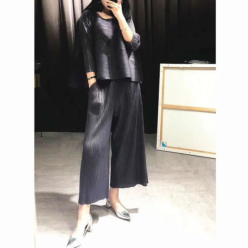 LANMREM 2025 new autumn 2 pieces set pleated O-neck three quarter sleeve pullover loose T-shirt female loose wide leg pants WG95