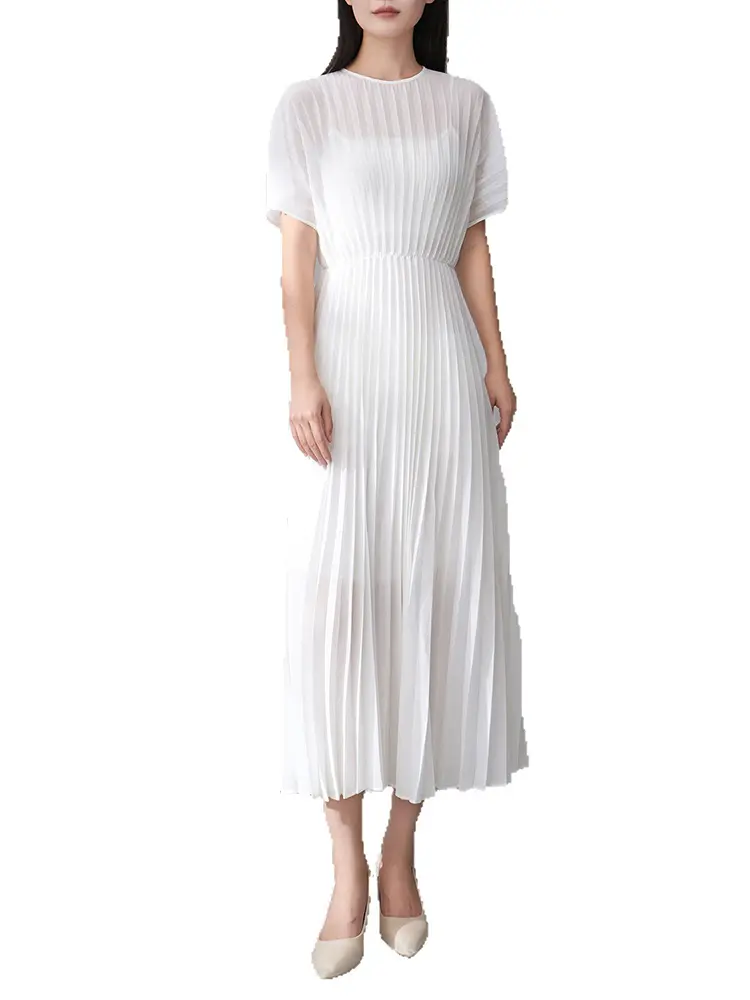LANMREM French Style Pleated Dress For Women 2025 Summer New High-End Solid Color Short Sleeve Elegant  Belt Dresses 2DM1009