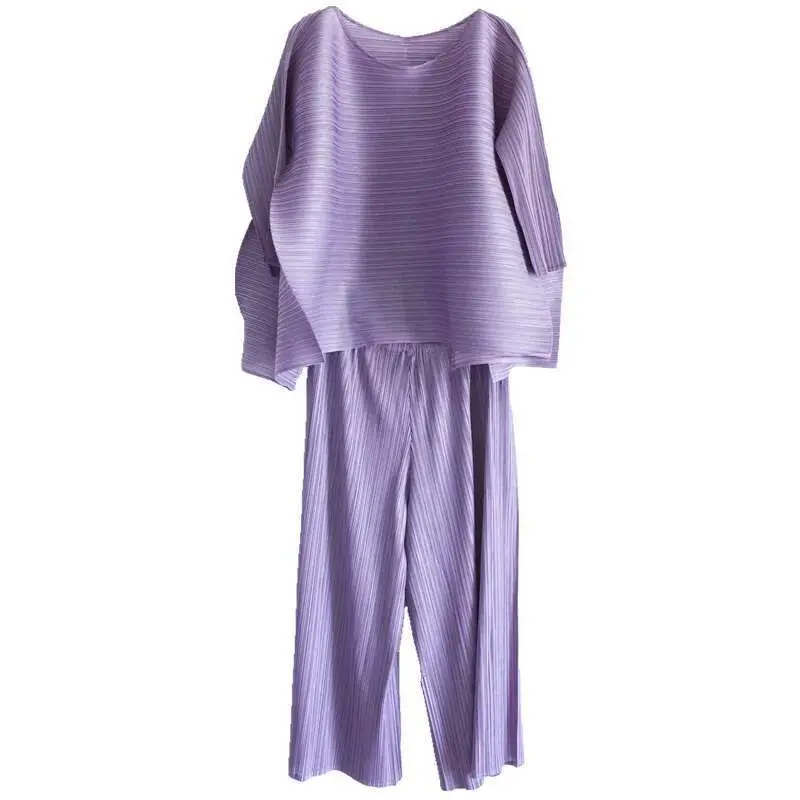 LANMREM 2025 new autumn 2 pieces set pleated O-neck three quarter sleeve pullover loose T-shirt female loose wide leg pants WG95