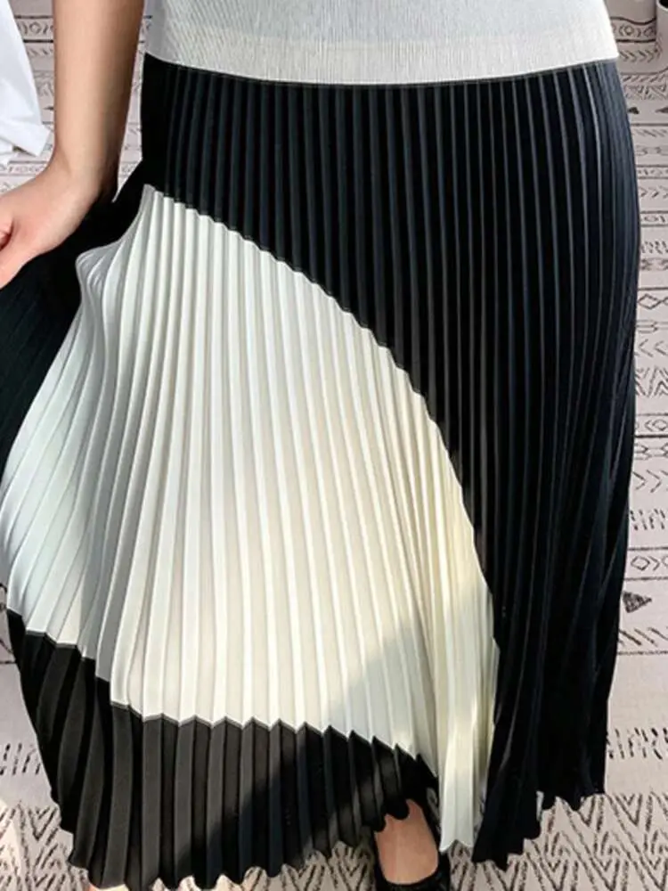 LANMREM Pleated Loose Skirts For Womem Color Block High Elastic Waist Irregular Elegant Skirt Female Elegant Clothing 2D1573
