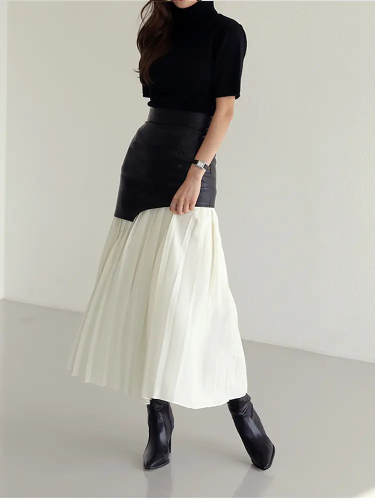 LANMREM Patchwork Pu Leather Skirt For Women High Waist Midi Folds Color Block Skirts Female 2025 Spring Fashion Clothing 2R6875