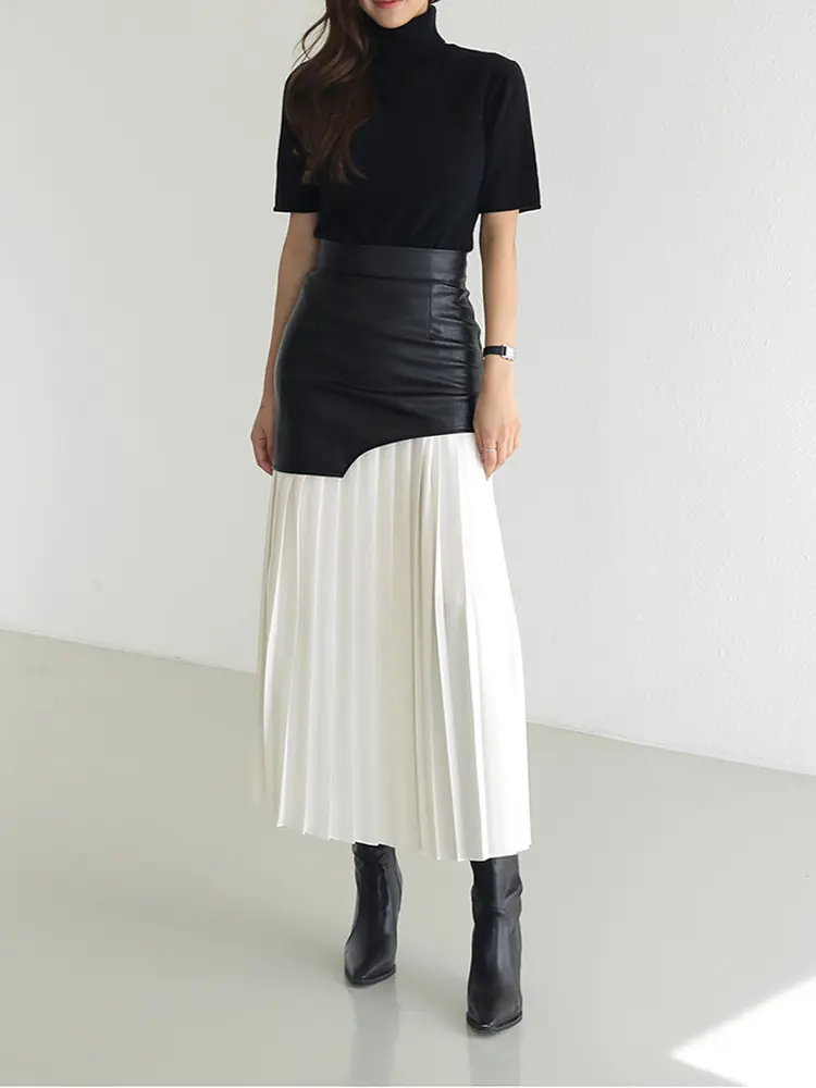 LANMREM Patchwork Pu Leather Skirt For Women High Waist Midi Folds Color Block Skirts Female 2025 Spring Fashion Clothing 2R6875