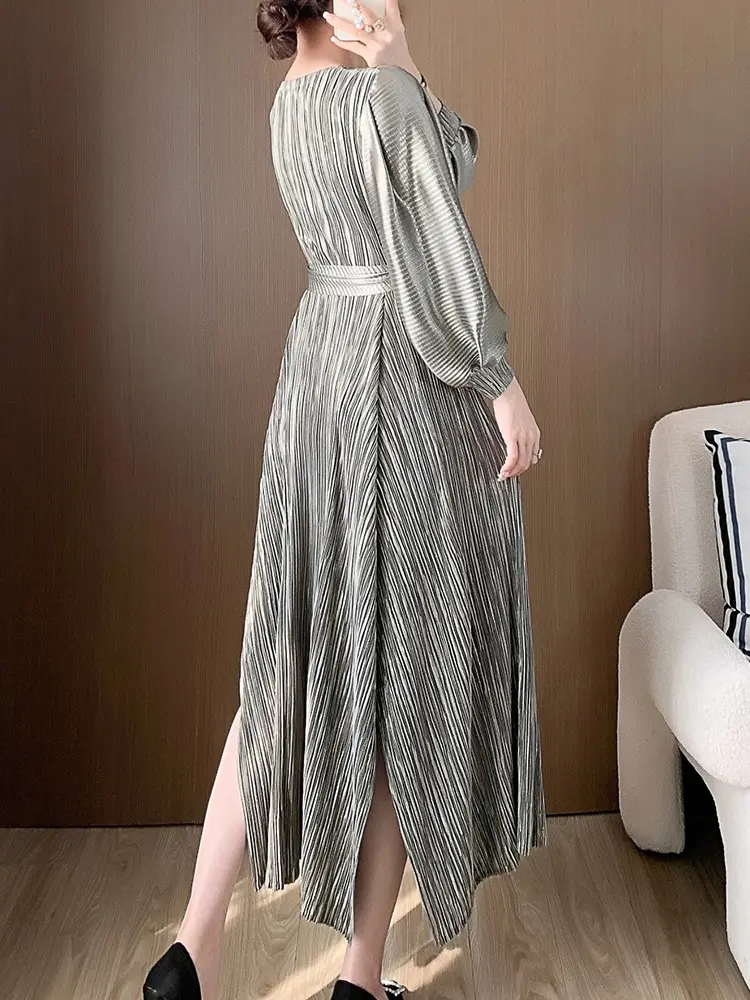LANMREM 2024 Spring Fashion Pleated Irregular Dress Women Lantern Sleeves Belt Gathered Waist Dresses Elegant New 2AA4710