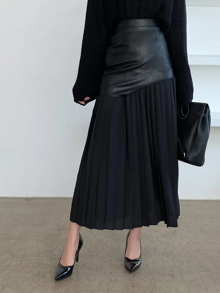 LANMREM Patchwork Pu Leather Skirt For Women High Waist Midi Folds Color Block Skirts Female 2025 Spring Fashion Clothing 2R6875