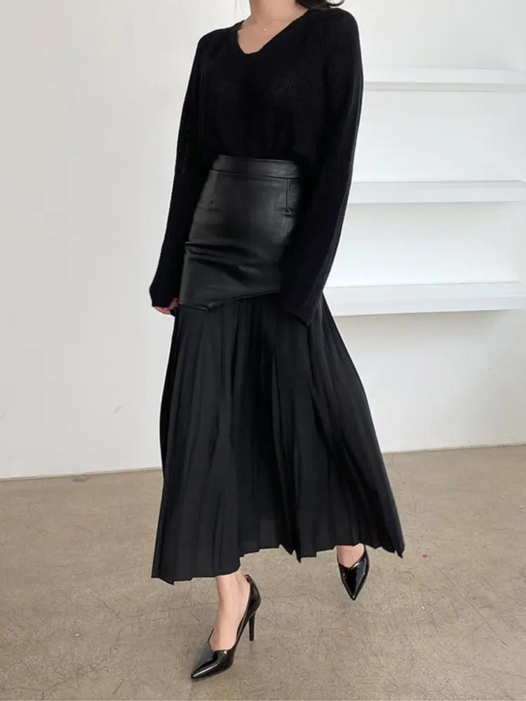 LANMREM Patchwork Pu Leather Skirt For Women High Waist Midi Folds Color Block Skirts Female 2025 Spring Fashion Clothing 2R6875