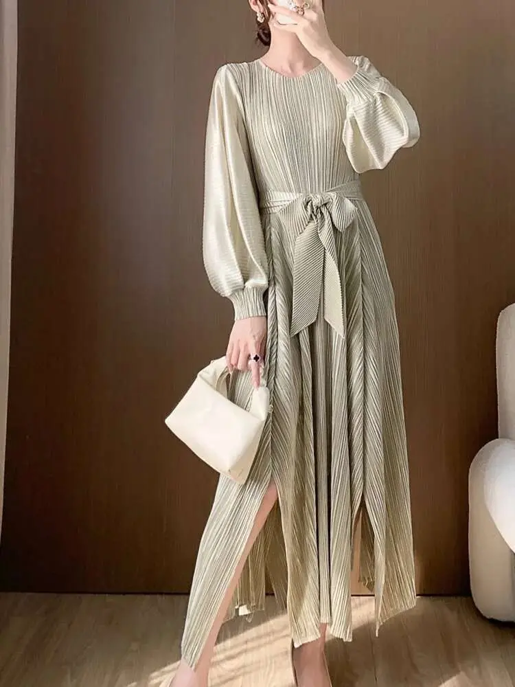 LANMREM 2024 Spring Fashion Pleated Irregular Dress Women Lantern Sleeves Belt Gathered Waist Dresses Elegant New 2AA4710