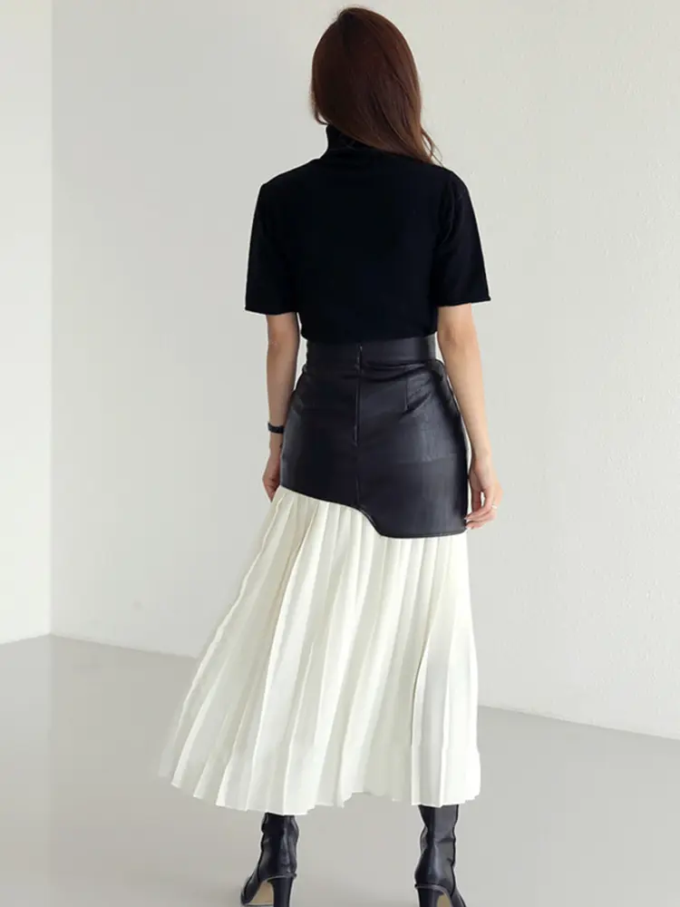 LANMREM Patchwork Pu Leather Skirt For Women High Waist Midi Folds Color Block Skirts Female 2025 Spring Fashion Clothing 2R6875